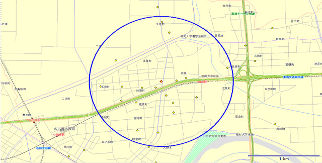 図表5 名古屋 中心商業区域とその周囲のレンタル収納とコンテナ収納の分布
